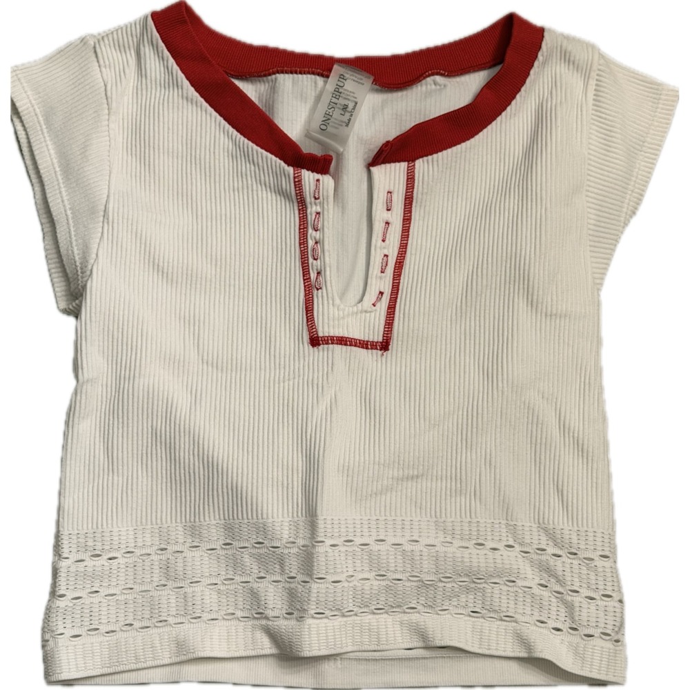 One Step Up Womens Ribbed Henley Baby Tee White Red Contrast Trim Size L/XL